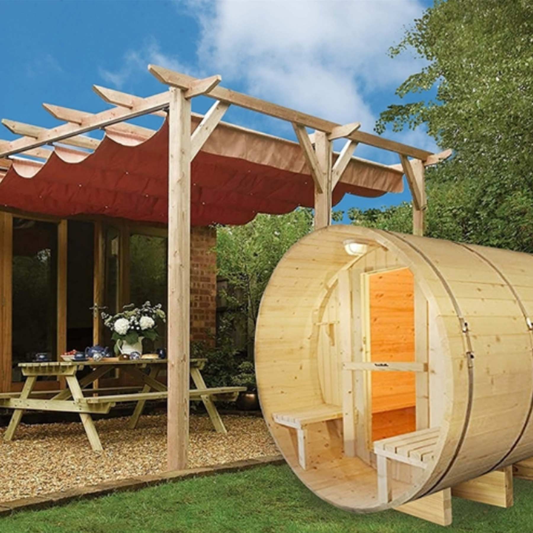 Aleko 5 Person 4.5 kW Finland Canopy Outdoor and Indoor Barrel Sauna - Image 2