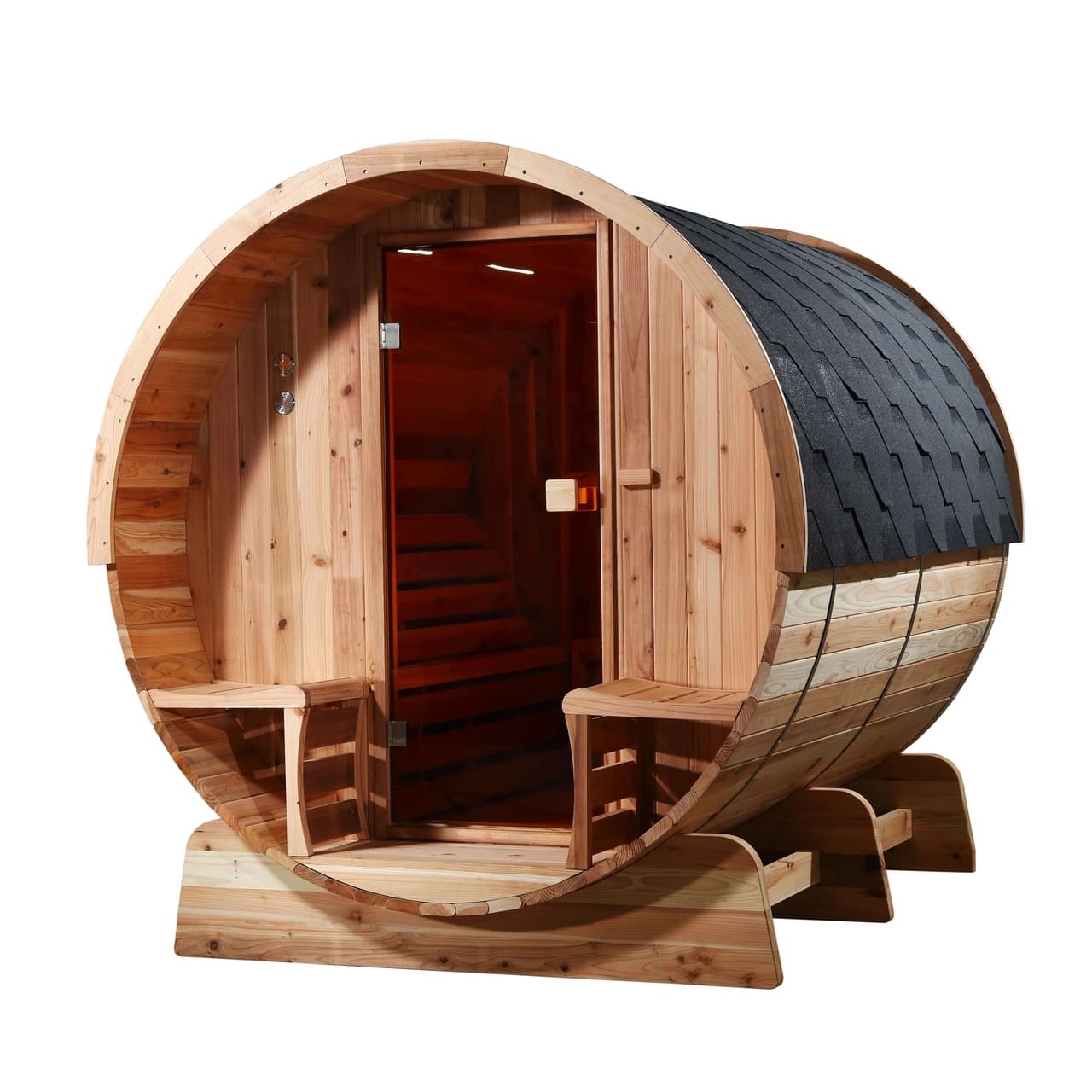 Aleko 6 Person 6 kW Rustic Cedar Shingle Outdoor Barrel Sauna - Image 1