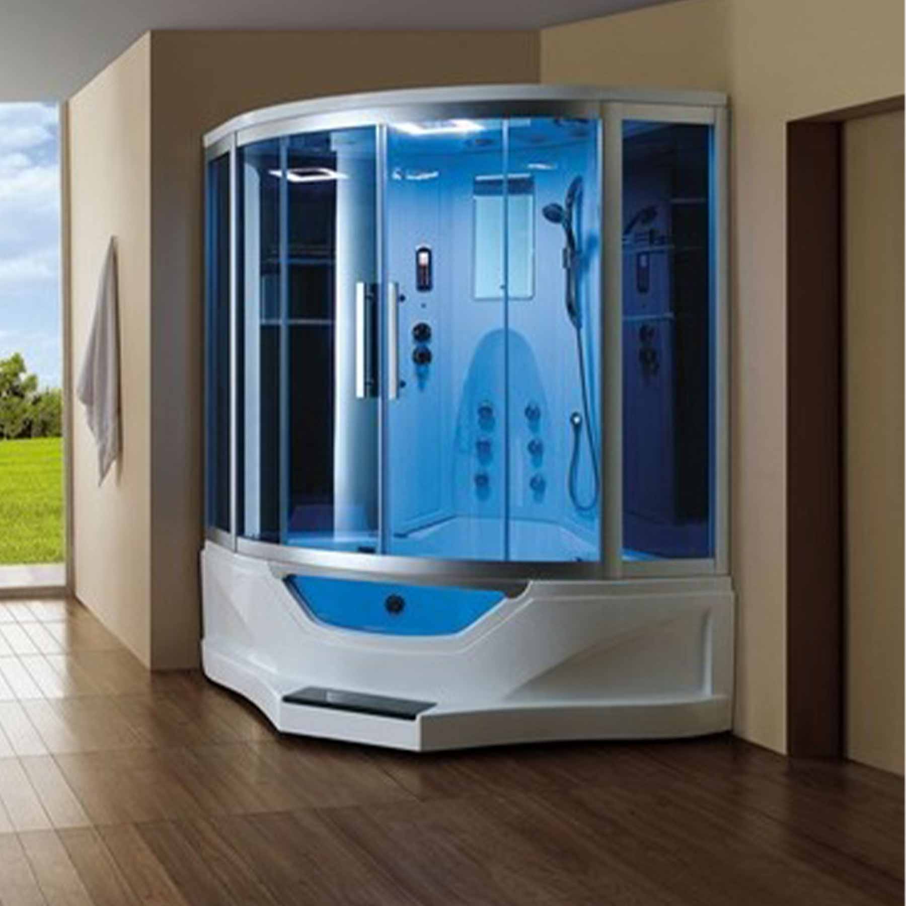 Mesa WS-702A 61L x 61W x 89H Jetted Tub Blue Glass Steam Shower - Image 1