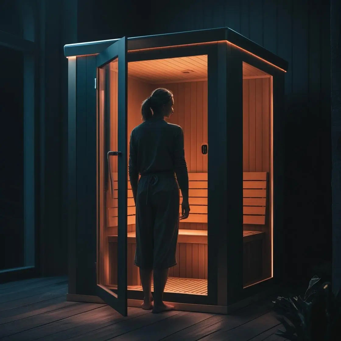 Premium infrared sauna with warm ambient lighting - person in robe entering modern outdoor sauna for wellness and relaxation