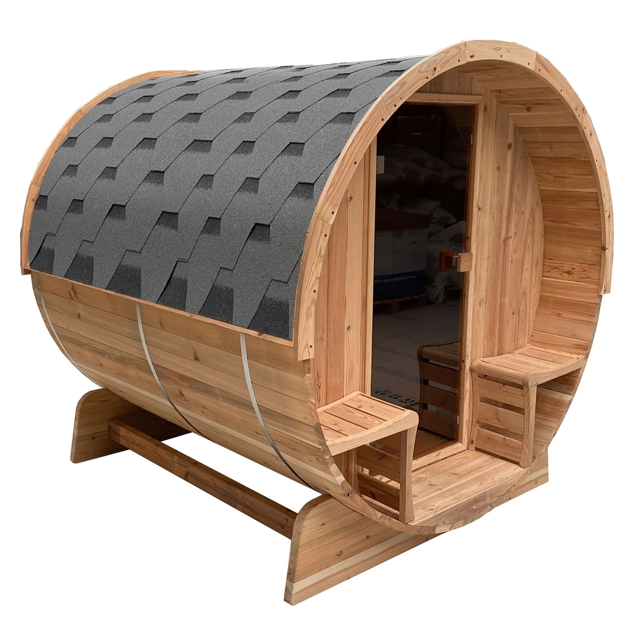 Aleko 4 Person 4.5 kW Rustic Cedar Shingle Outdoor Barrel Sauna - Image 2