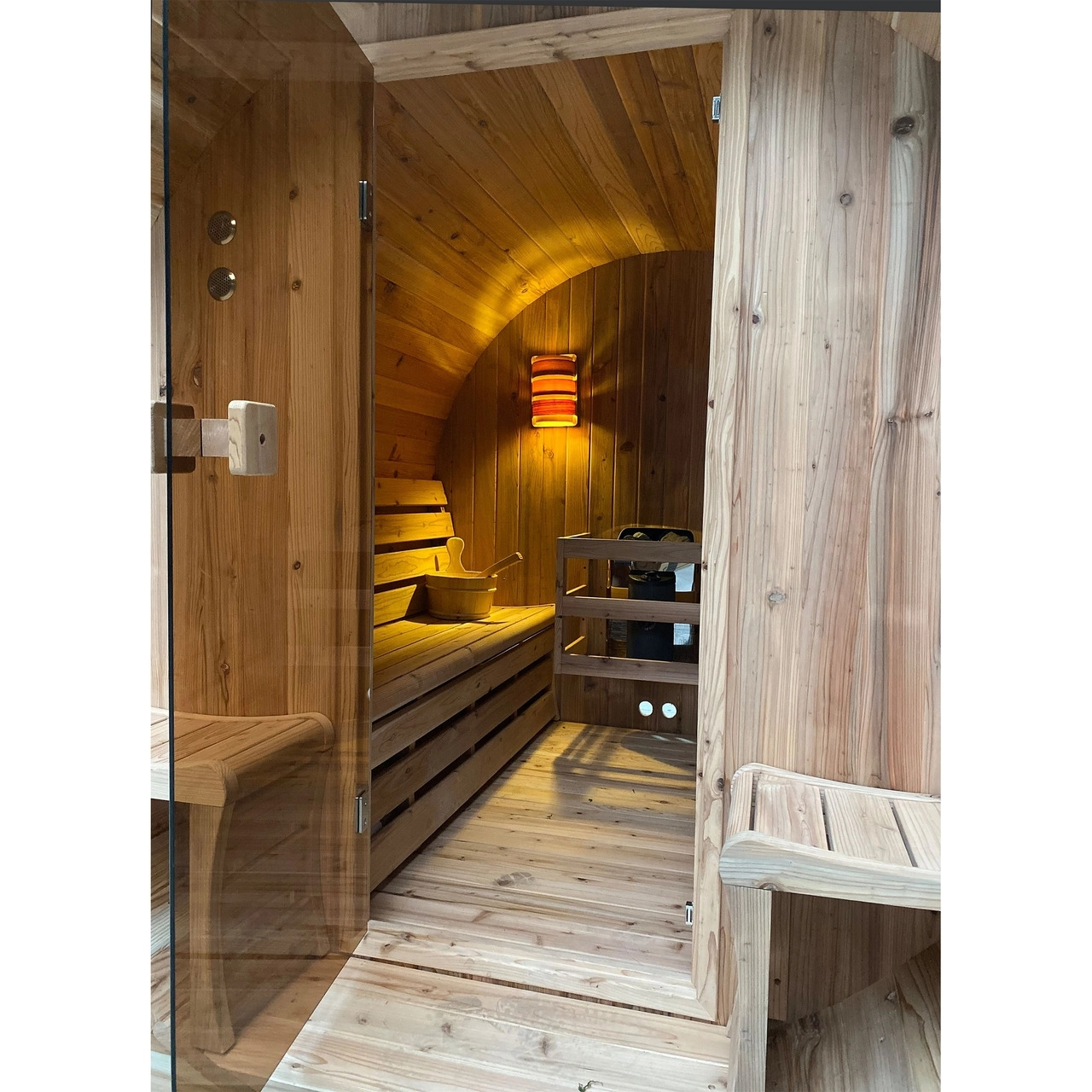 Aleko 4 Person 4.5 kW Rustic Cedar Shingle Outdoor Barrel Sauna - Image 5