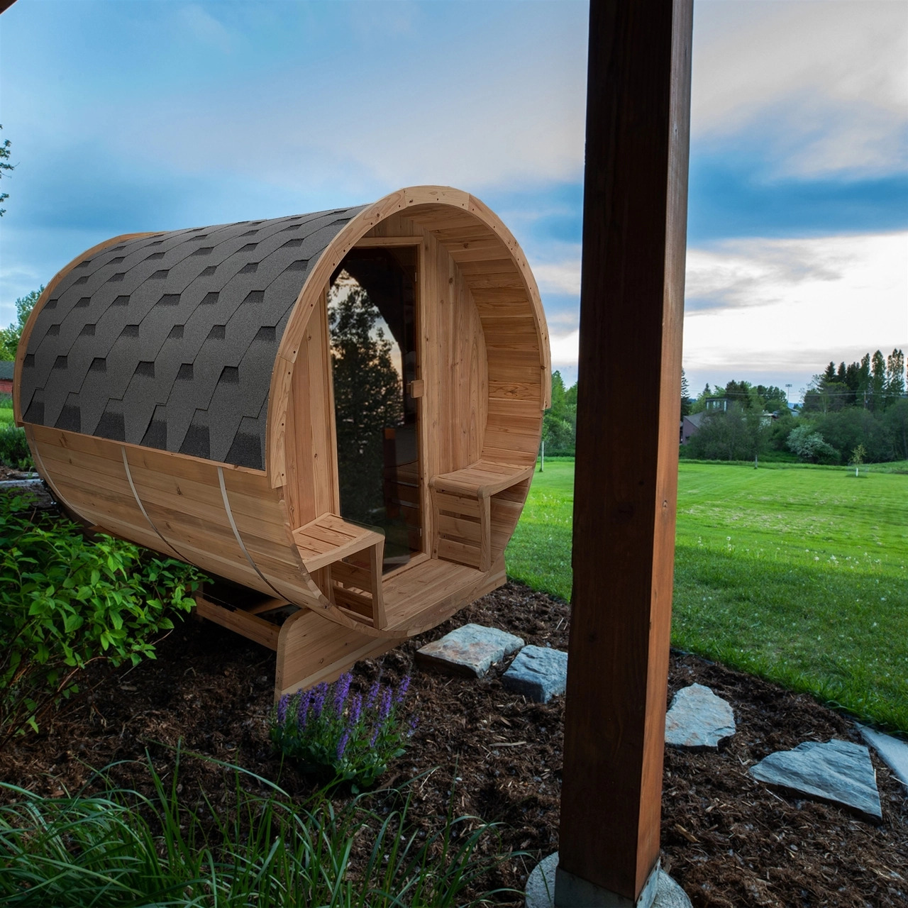Aleko 4 Person 4.5 kW Rustic Cedar Shingle Outdoor Barrel Sauna - Image 7